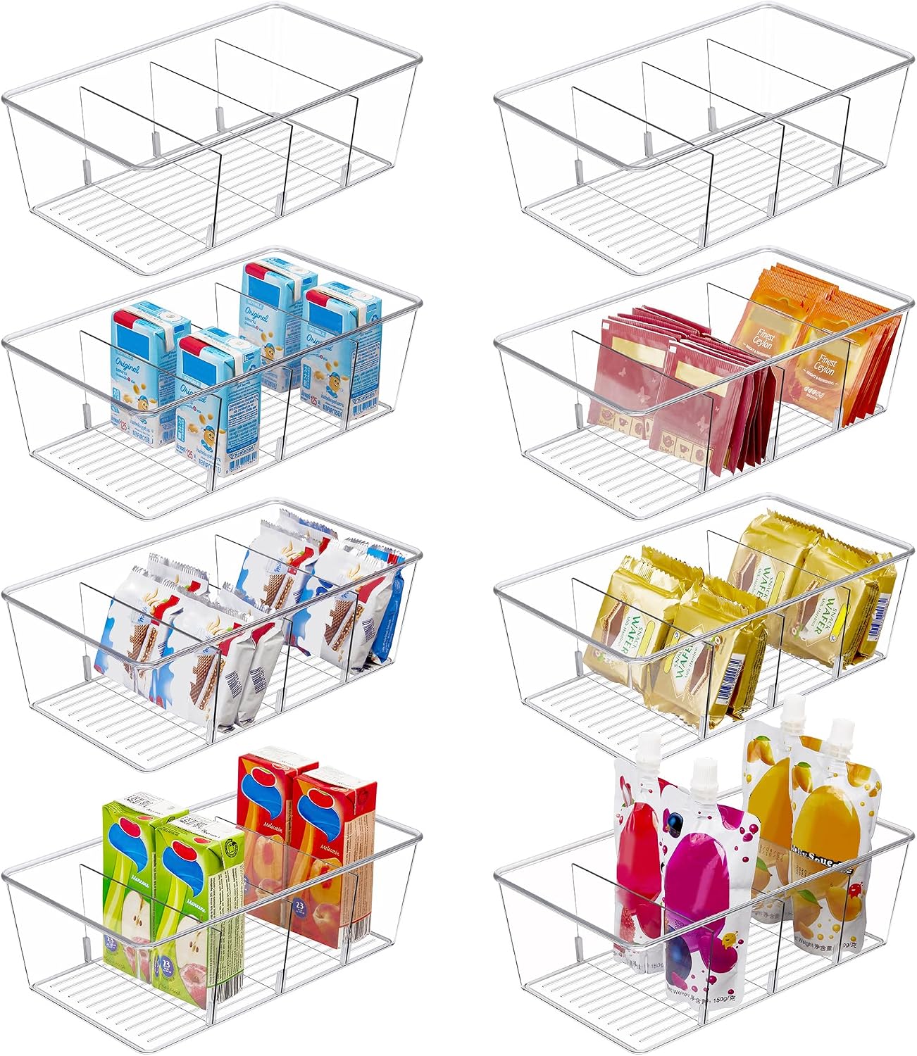 Food Storage Organiser Bins — 8 Pack, Clear, 4 Compartments